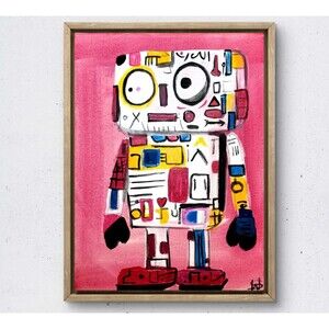 WS original tatted robot painting 14X11 Canvas acrylic abstract modern wall art